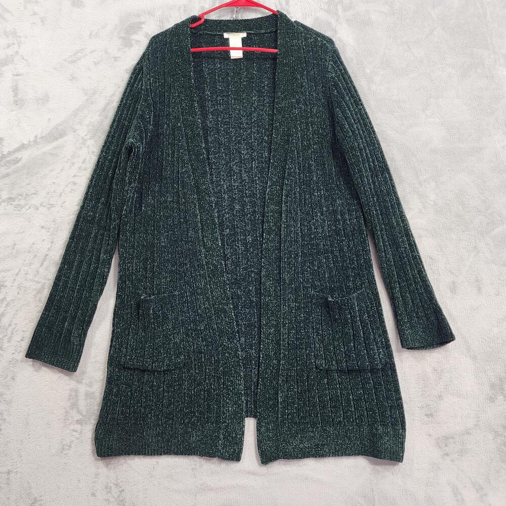 Matty M Cardigan Sweater Womens L Green Chenille Cable Knit Open Front Pockets